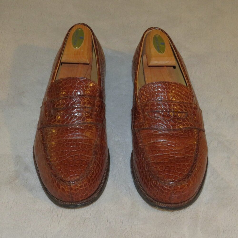 J.M. Weston 180 Brown Crocodile Leather Loafers US 9.5 D